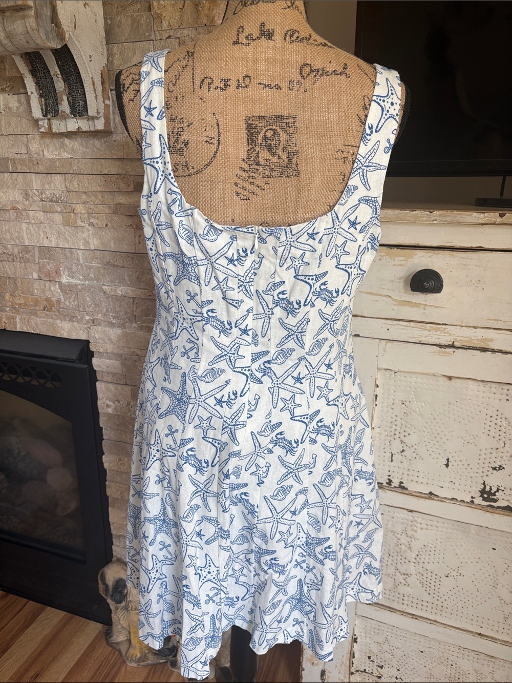 Avec Les Filles linen blend fit and flare mini dress coastal starfish blue white - Picture 11 of 16